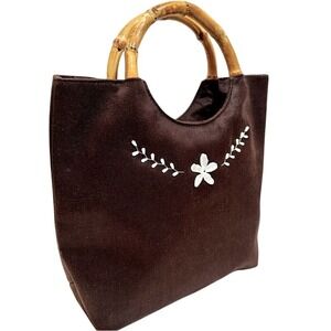 Lafayette 148 Brown Fabric Purse Women's Handbag White Shells Rattan‎ Handle